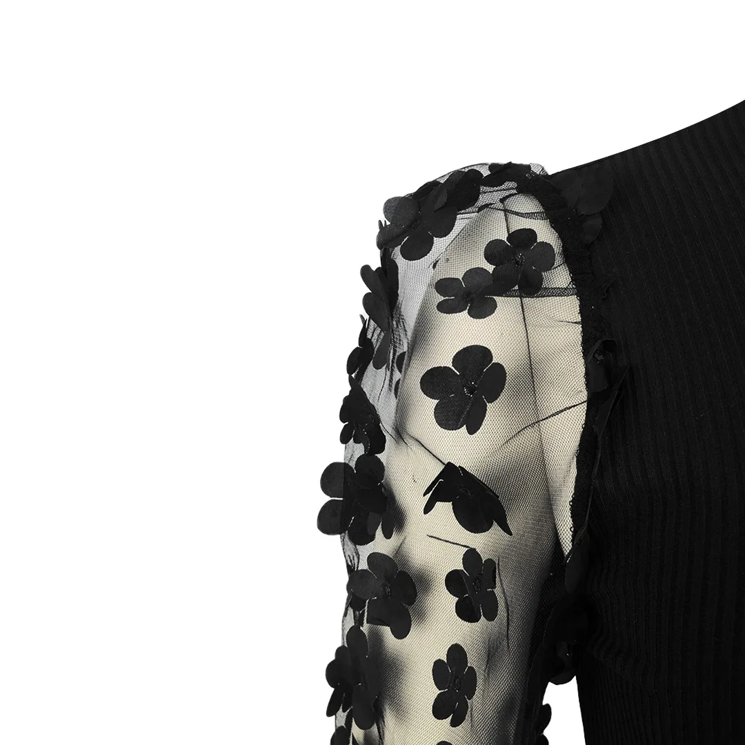 CM.YAYA Elegant Women Floral Applique Mesh Long Sleeve Knit Ribbed Sweater Dress Fashion Autumn Winter Bodycon Dresses Vestidos CM.YAYA Elegant Women Floral Applique Mesh Long Sleeve Knit Ribbed Sweater Dress Fashion Autumn Winter Bodycon Dresses Vestidos