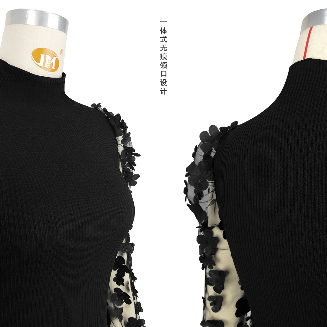 CM.YAYA Elegant Women Floral Applique Mesh Long Sleeve Knit Ribbed Sweater Dress Fashion Autumn Winter Bodycon Dresses Vestidos CM.YAYA Elegant Women Floral Applique Mesh Long Sleeve Knit Ribbed Sweater Dress Fashion Autumn Winter Bodycon Dresses Vestidos