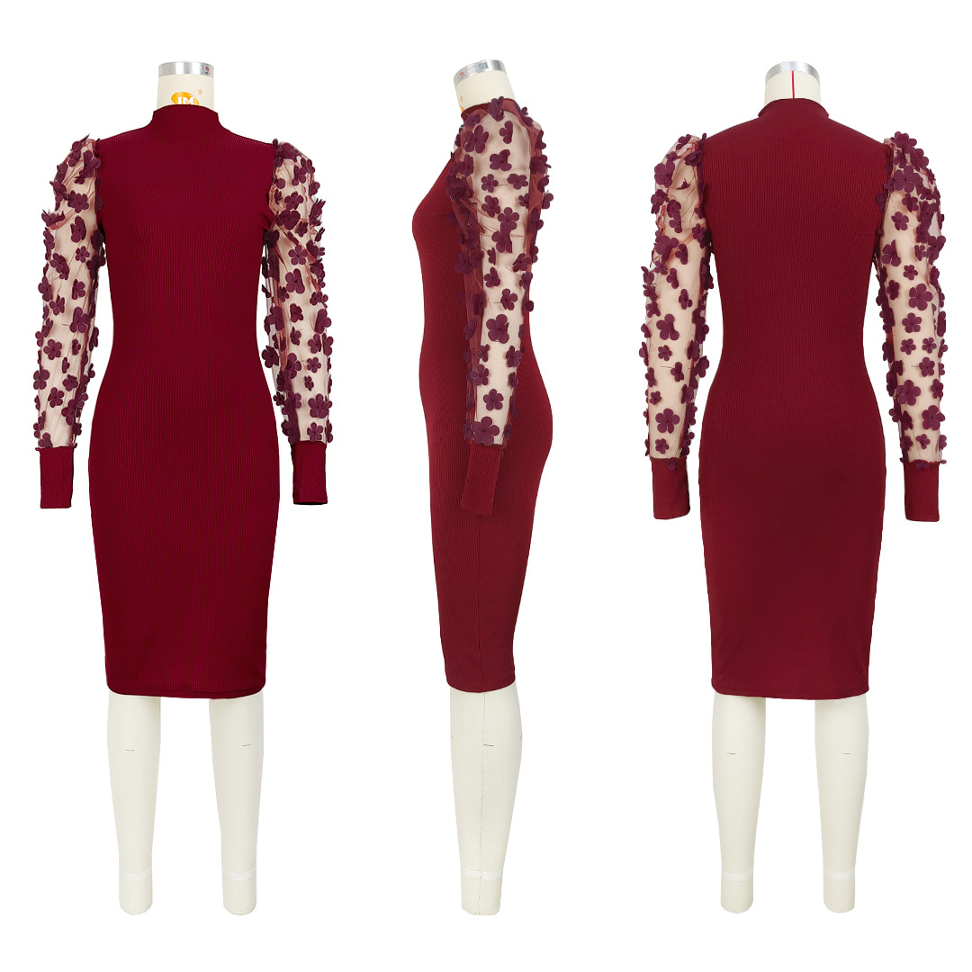 CM.YAYA Elegant Women Floral Applique Mesh Long Sleeve Knit Ribbed Sweater Dress Fashion Autumn Winter Bodycon Dresses Vestidos CM.YAYA Elegant Women Floral Applique Mesh Long Sleeve Knit Ribbed Sweater Dress Fashion Autumn Winter Bodycon Dresses Vestidos