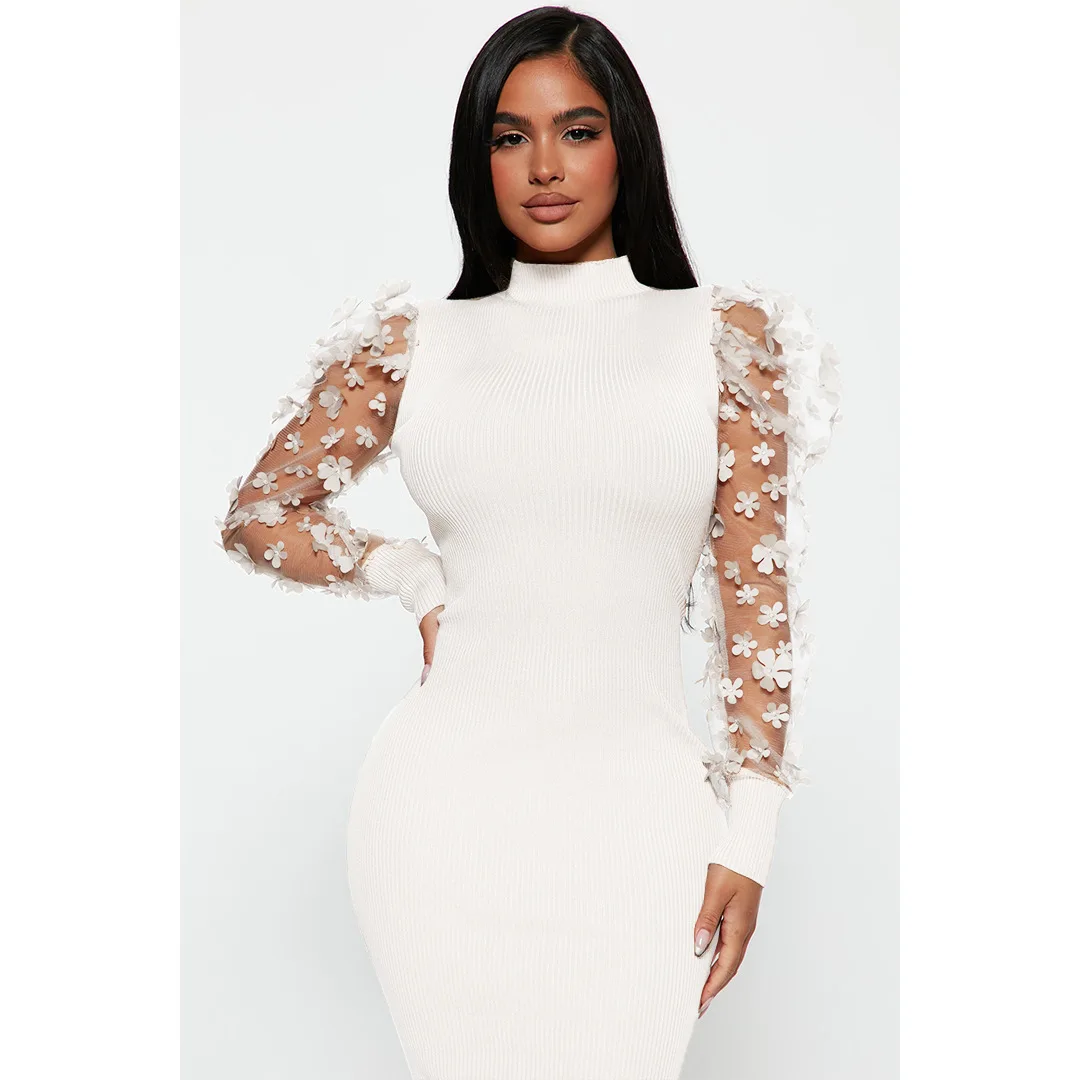 CM.YAYA Elegant Women Floral Applique Mesh Long Sleeve Knit Ribbed Sweater Dress Fashion Autumn Winter Bodycon Dresses Vestidos CM.YAYA Elegant Women Floral Applique Mesh Long Sleeve Knit Ribbed Sweater Dress Fashion Autumn Winter Bodycon Dresses Vestidos