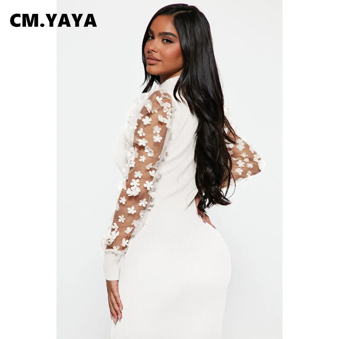 CM.YAYA Elegant Women Floral Applique Mesh Long Sleeve Knit Ribbed Sweater Dress Fashion Autumn Winter Bodycon Dresses Vestidos CM.YAYA Elegant Women Floral Applique Mesh Long Sleeve Knit Ribbed Sweater Dress Fashion Autumn Winter Bodycon Dresses Vestidos