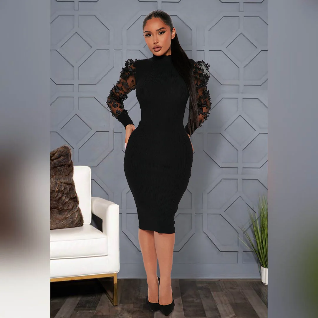 CM.YAYA Elegant Women Floral Applique Mesh Long Sleeve Knit Ribbed Sweater Dress Fashion Autumn Winter Bodycon Dresses Vestidos CM.YAYA Elegant Women Floral Applique Mesh Long Sleeve Knit Ribbed Sweater Dress Fashion Autumn Winter Bodycon Dresses Vestidos