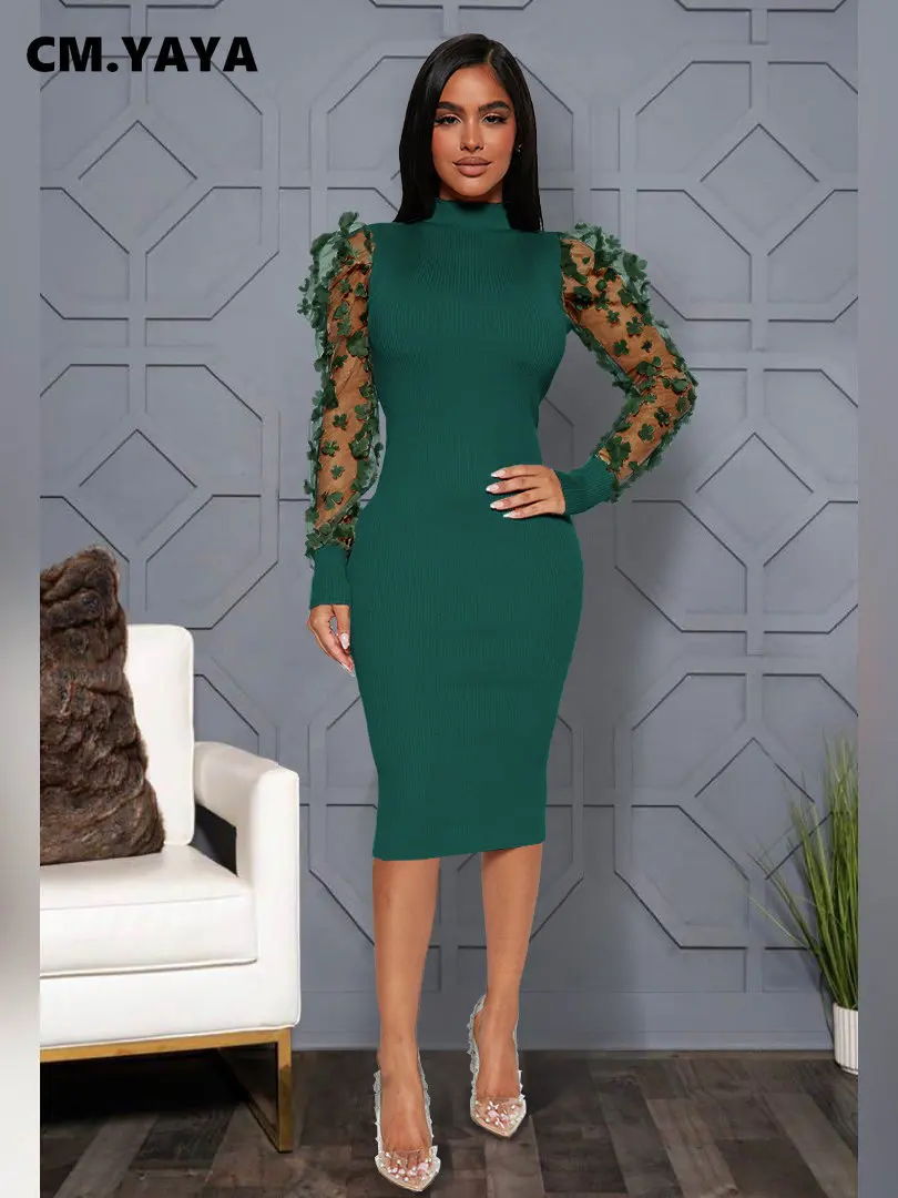 CM.YAYA Elegant Women Floral Applique Mesh Long Sleeve Knit Ribbed Sweater Dress Fashion Autumn Winter Bodycon Dresses Vestidos CM.YAYA Elegant Women Floral Applique Mesh Long Sleeve Knit Ribbed Sweater Dress Fashion Autumn Winter Bodycon Dresses Vestidos