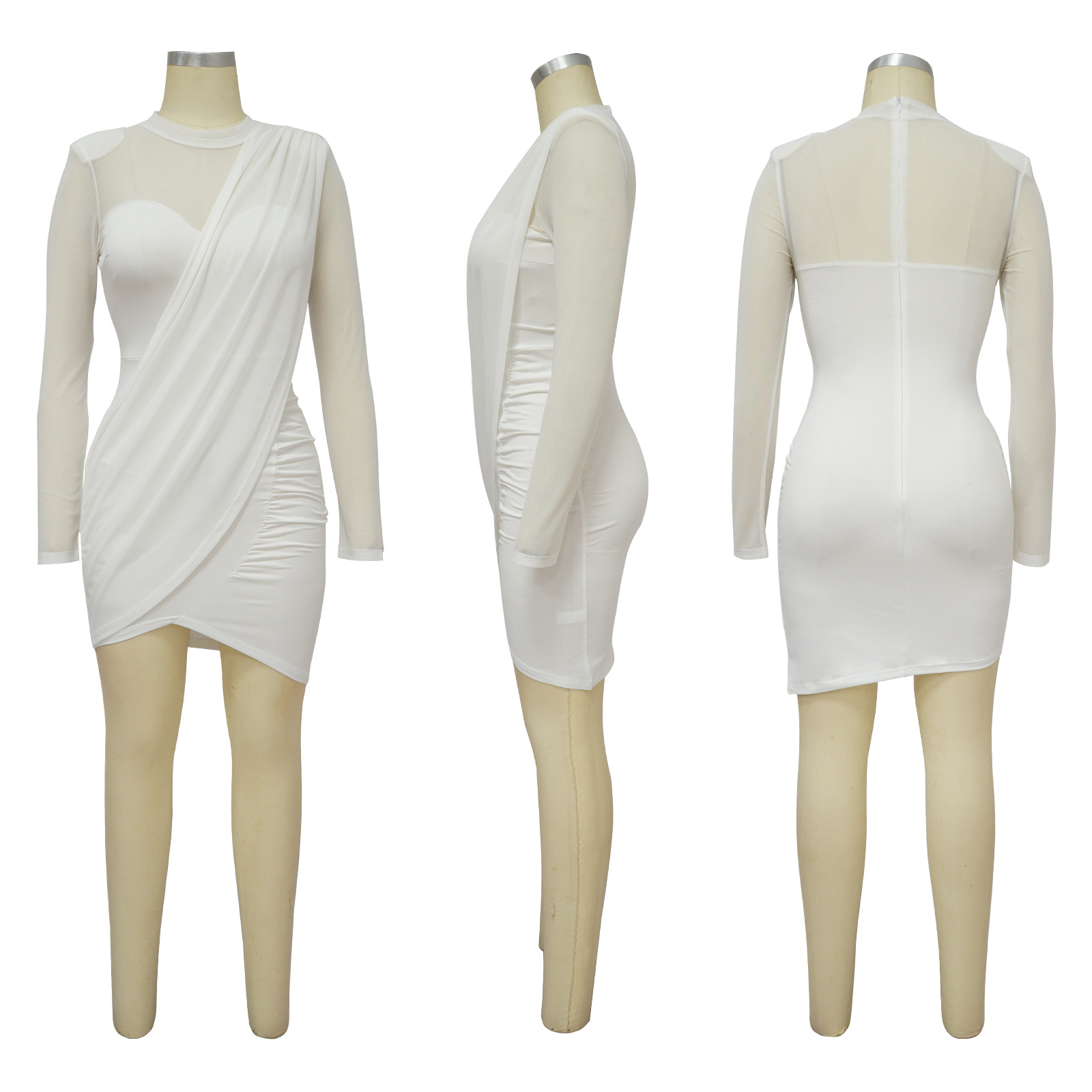 CM.YAYA Women Mesh Patchwork Long Sleeve O-neck T-shirt Ruched Up Irregular Bodycon Midi Dress 2023 Evening Sexy Dresses Vestido