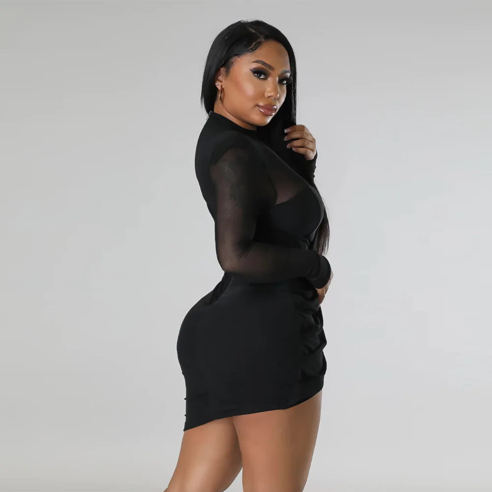 CM.YAYA Women Mesh Patchwork Long Sleeve O-neck T-shirt Ruched Up Irregular Bodycon Midi Dress 2023 Evening Sexy Dresses Vestido CM.YAYA Women Mesh Patchwork Long Sleeve O-neck T-shirt Ruched Up Irregular Bodycon Midi Dress 2023 Evening Sexy Dresses Vestido