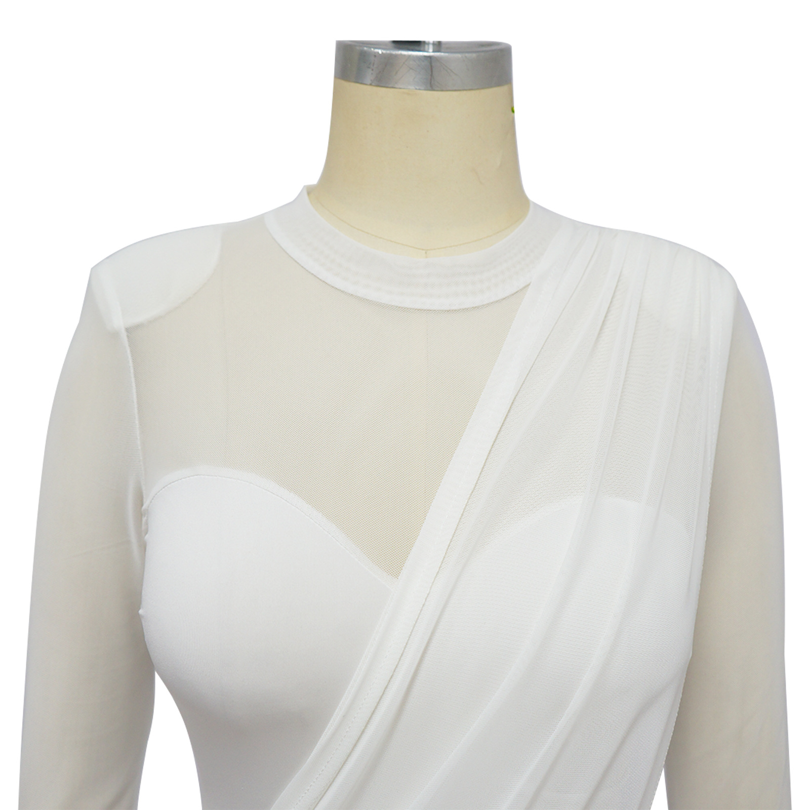 CM.YAYA Women Mesh Patchwork Long Sleeve O-neck T-shirt Ruched Up Irregular Bodycon Midi Dress 2023 Evening Sexy Dresses Vestido