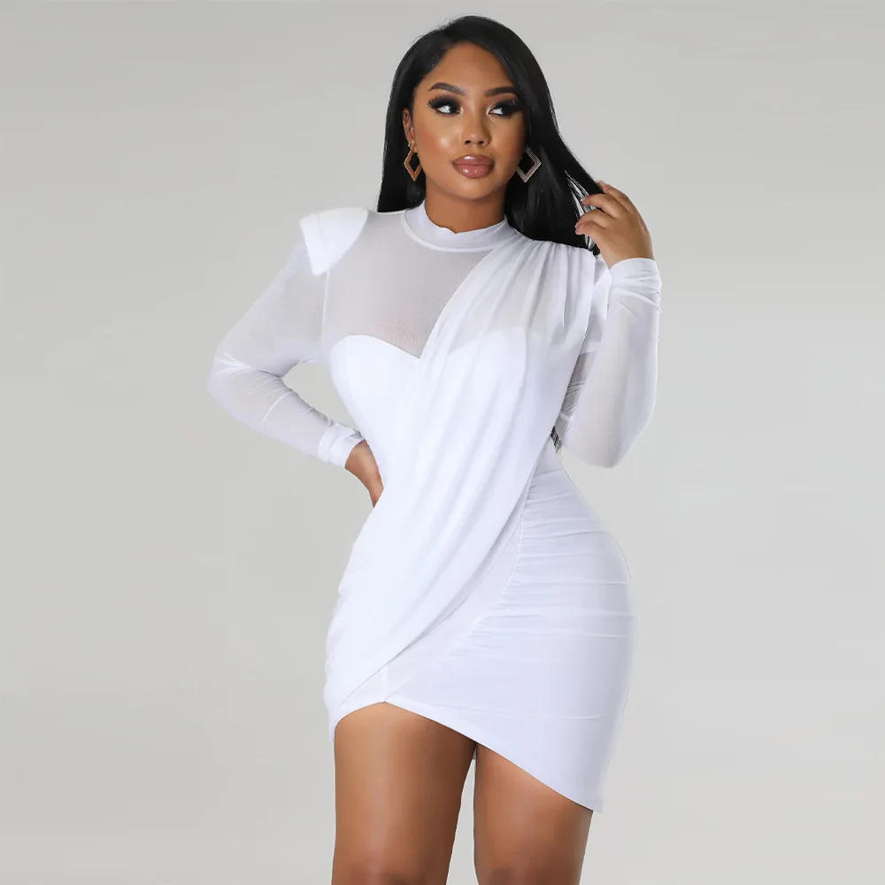 CM.YAYA Women Mesh Patchwork Long Sleeve O-neck T-shirt Ruched Up Irregular Bodycon Midi Dress 2023 Evening Sexy Dresses Vestido CM.YAYA Women Mesh Patchwork Long Sleeve O-neck T-shirt Ruched Up Irregular Bodycon Midi Dress 2023 Evening Sexy Dresses Vestido