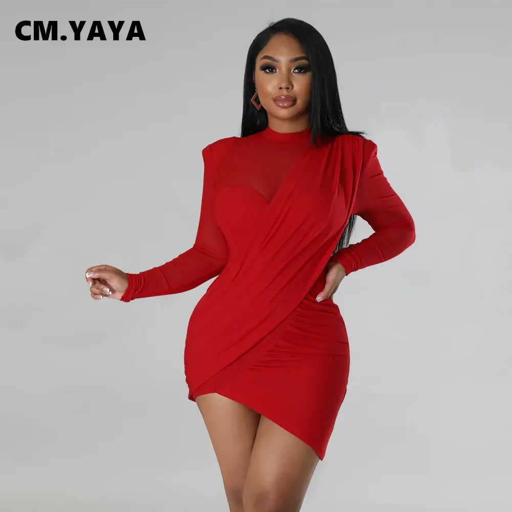 CM.YAYA Women Mesh Patchwork Long Sleeve O-neck T-shirt Ruched Up Irregular Bodycon Midi Dress 2023 Evening Sexy Dresses Vestido