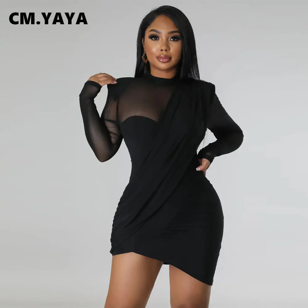 CM.YAYA Women Mesh Patchwork Long Sleeve O-neck T-shirt Ruched Up Irregular Bodycon Midi Dress 2023 Evening Sexy Dresses Vestido