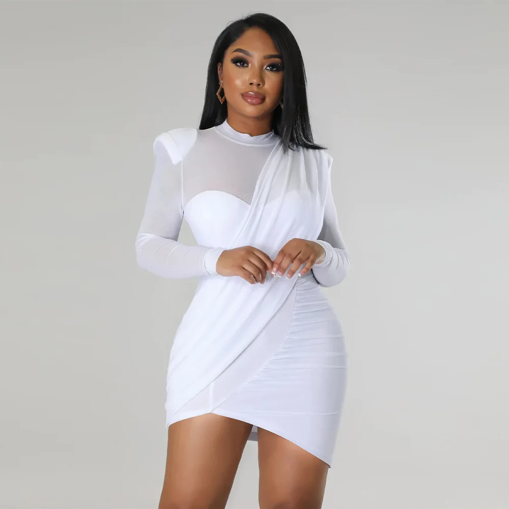 CM.YAYA Women Mesh Patchwork Long Sleeve O-neck T-shirt Ruched Up Irregular Bodycon Midi Dress 2023 Evening Sexy Dresses Vestido CM.YAYA Women Mesh Patchwork Long Sleeve O-neck T-shirt Ruched Up Irregular Bodycon Midi Dress 2023 Evening Sexy Dresses Vestido