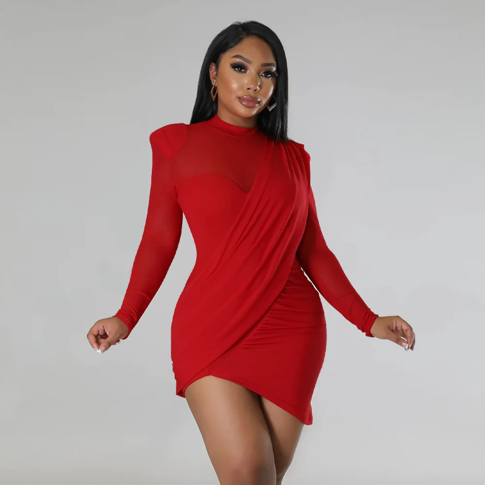 CM.YAYA Women Mesh Patchwork Long Sleeve O-neck T-shirt Ruched Up Irregular Bodycon Midi Dress 2023 Evening Sexy Dresses Vestido CM.YAYA Women Mesh Patchwork Long Sleeve O-neck T-shirt Ruched Up Irregular Bodycon Midi Dress 2023 Evening Sexy Dresses Vestido