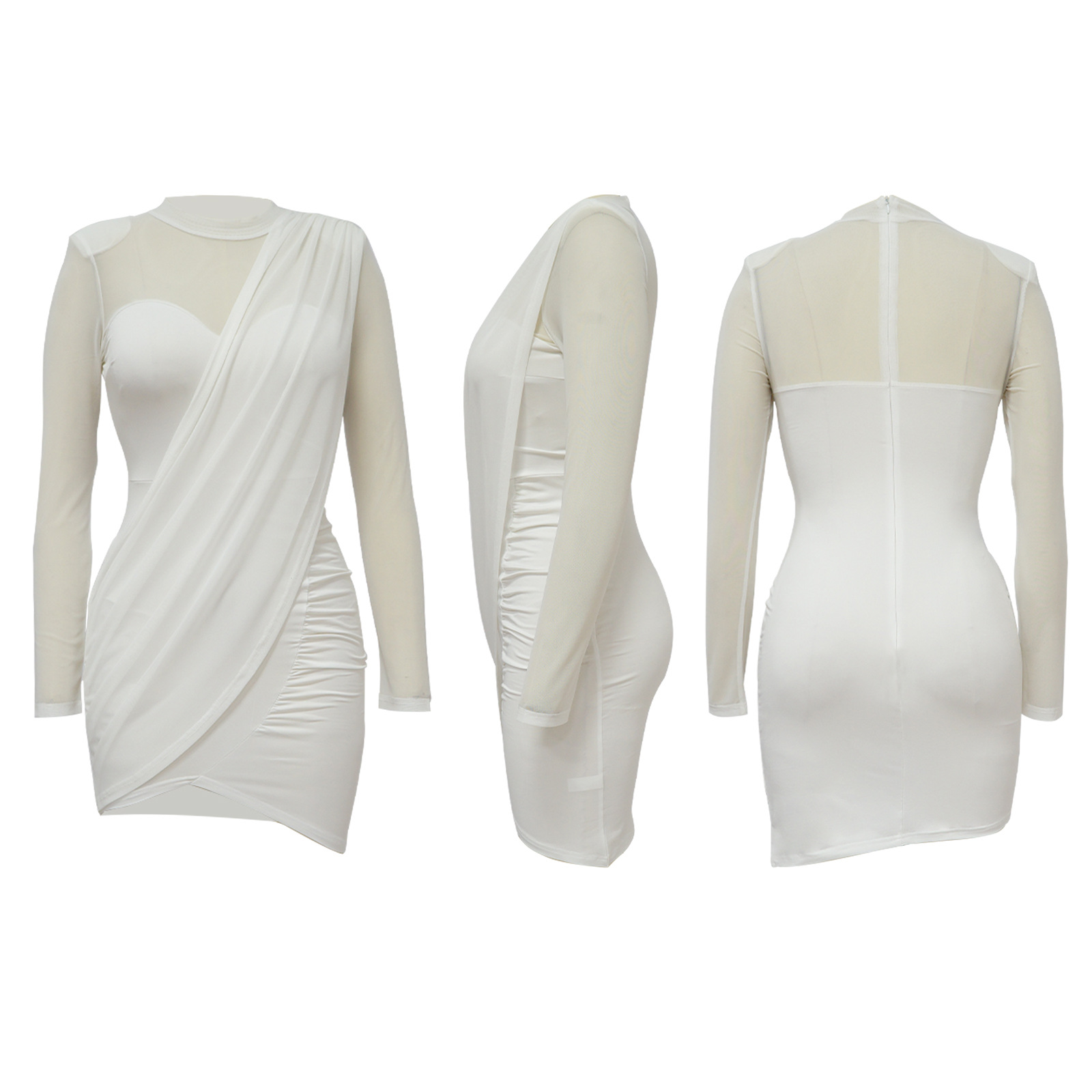 CM.YAYA Women Mesh Patchwork Long Sleeve O-neck T-shirt Ruched Up Irregular Bodycon Midi Dress 2023 Evening Sexy Dresses Vestido