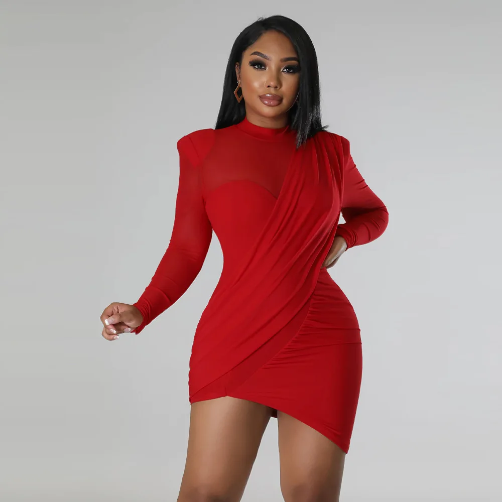 CM.YAYA Women Mesh Patchwork Long Sleeve O-neck T-shirt Ruched Up Irregular Bodycon Midi Dress 2023 Evening Sexy Dresses Vestido CM.YAYA Women Mesh Patchwork Long Sleeve O-neck T-shirt Ruched Up Irregular Bodycon Midi Dress 2023 Evening Sexy Dresses Vestido