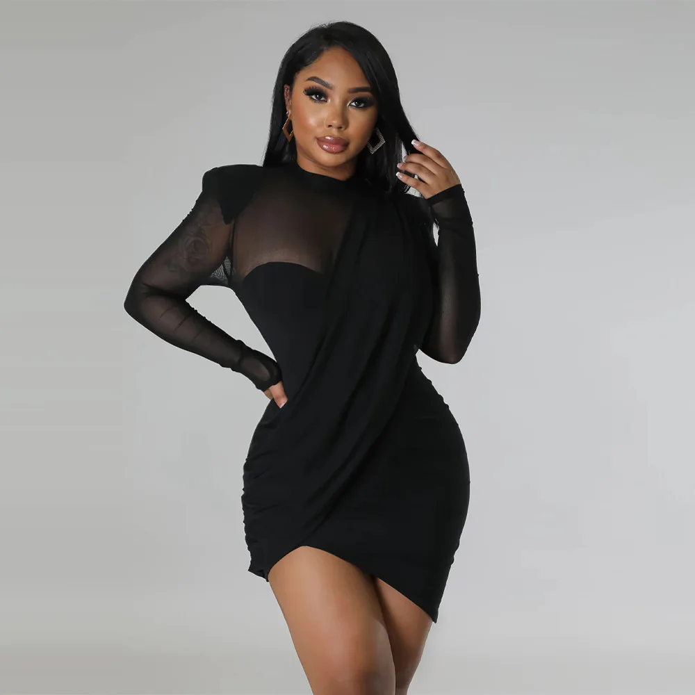 CM.YAYA Women Mesh Patchwork Long Sleeve O-neck T-shirt Ruched Up Irregular Bodycon Midi Dress 2023 Evening Sexy Dresses Vestido CM.YAYA Women Mesh Patchwork Long Sleeve O-neck T-shirt Ruched Up Irregular Bodycon Midi Dress 2023 Evening Sexy Dresses Vestido