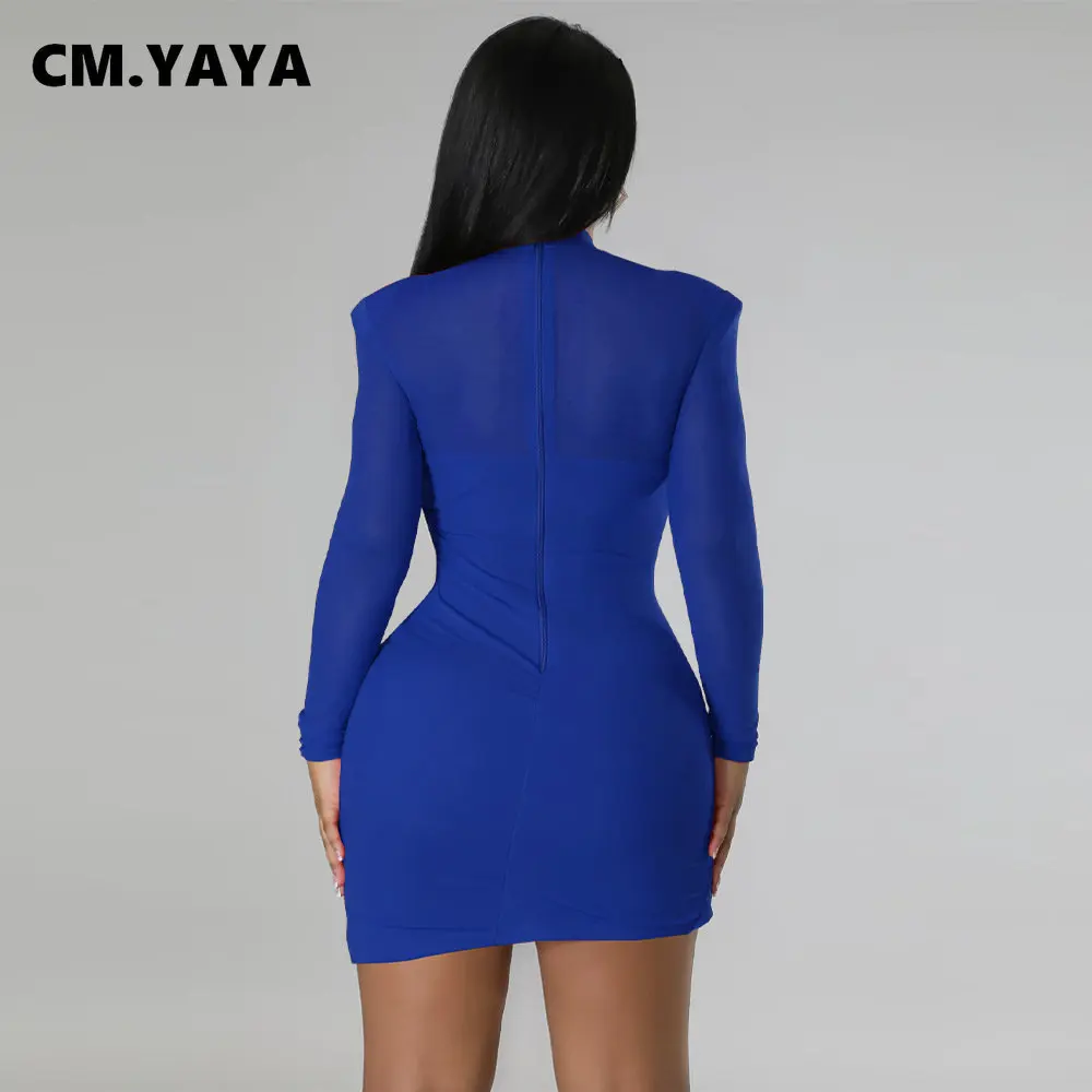 CM.YAYA Women Mesh Patchwork Long Sleeve O-neck T-shirt Ruched Up Irregular Bodycon Midi Dress 2023 Evening Sexy Dresses Vestido