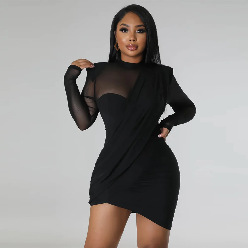 CM.YAYA Women Mesh Patchwork Long Sleeve O-neck T-shirt Ruched Up Irregular Bodycon Midi Dress 2023 Evening Sexy Dresses Vestido CM.YAYA Women Mesh Patchwork Long Sleeve O-neck T-shirt Ruched Up Irregular Bodycon Midi Dress 2023 Evening Sexy Dresses Vestido