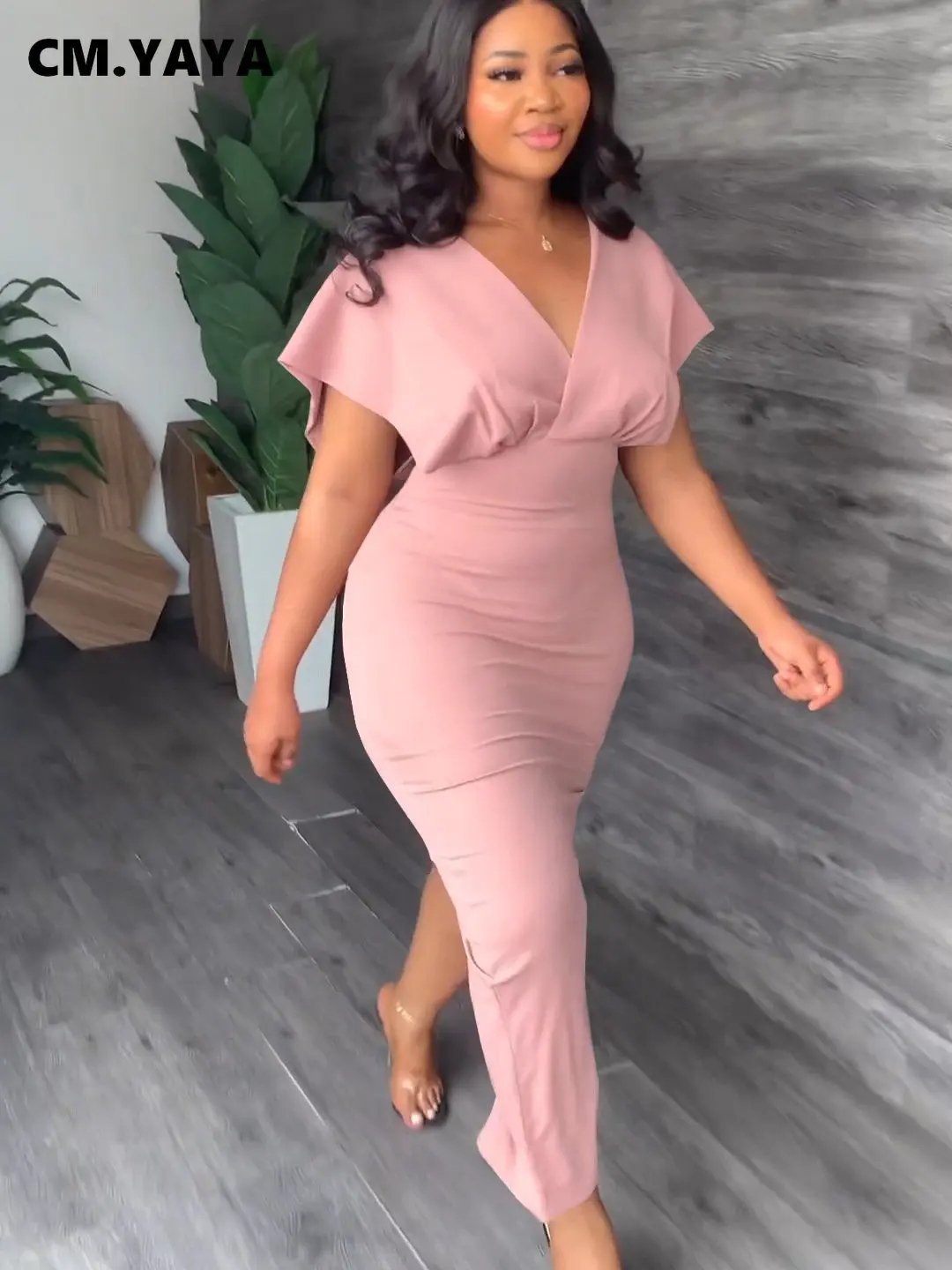 CM.YAYA Vintage Women Batwing Short Sleeve Wrap V-neck Bodycon Midi Maxi Long Dress 2023 Fashion Sexy Party Street Dresses