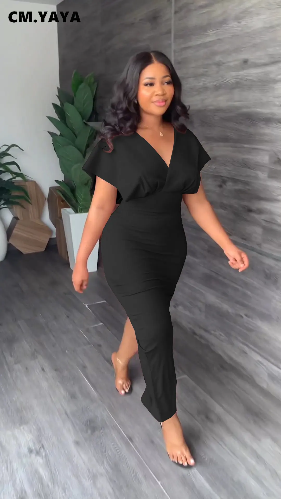 CM.YAYA Vintage Women Batwing Short Sleeve Wrap V-neck Bodycon Midi Maxi Long Dress 2023 Fashion Sexy Party Street Dresses