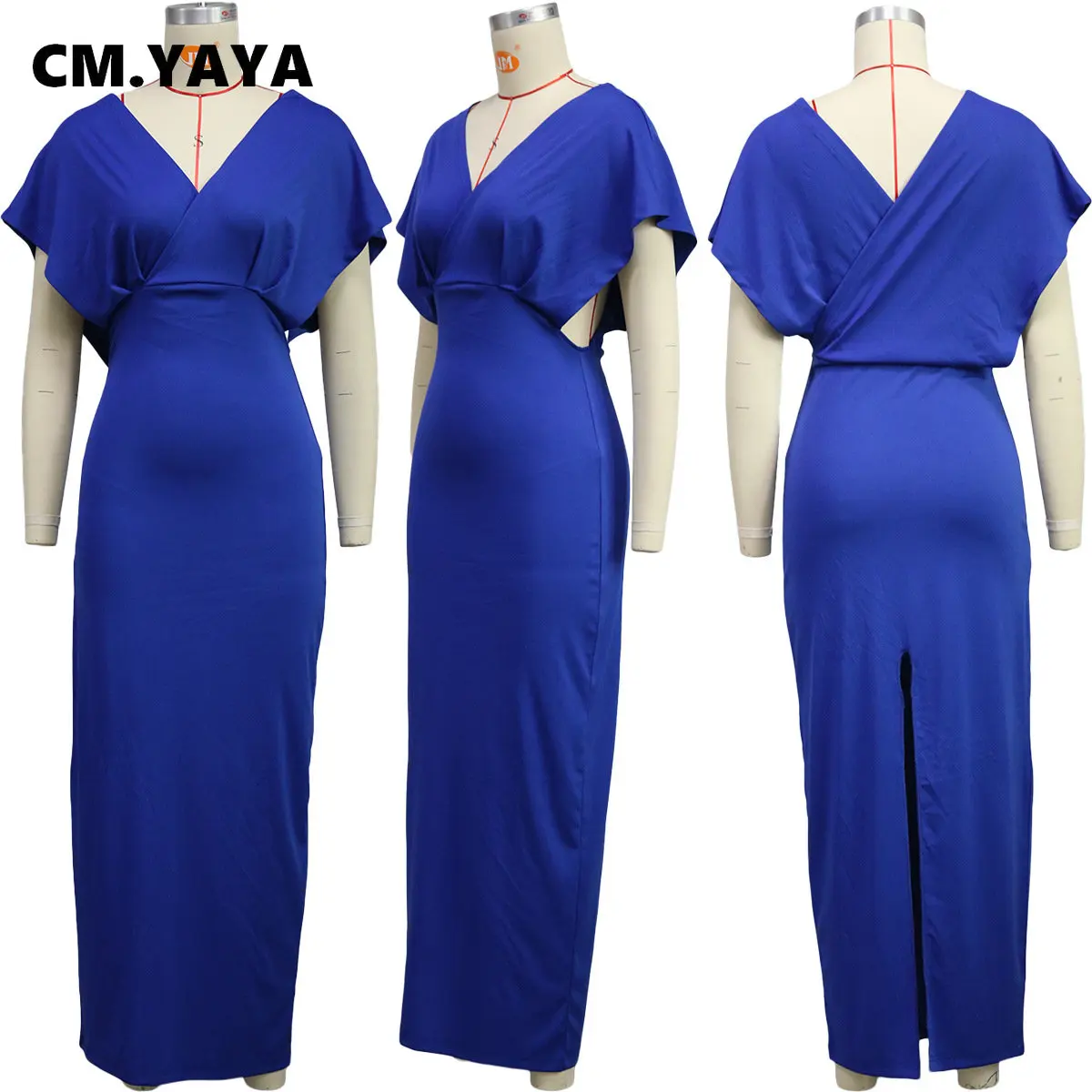 CM.YAYA Vintage Women Batwing Short Sleeve Wrap V-neck Bodycon Midi Maxi Long Dress 2023 Fashion Sexy Party Street Dresses