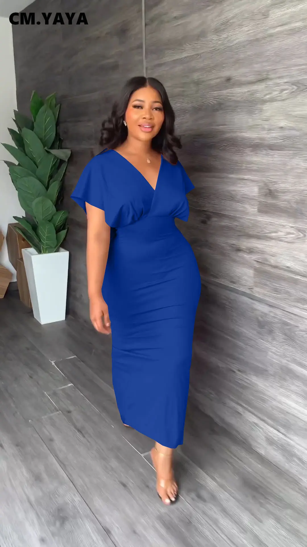 CM.YAYA Vintage Women Batwing Short Sleeve Wrap V-neck Bodycon Midi Maxi Long Dress 2023 Fashion Sexy Party Street Dresses