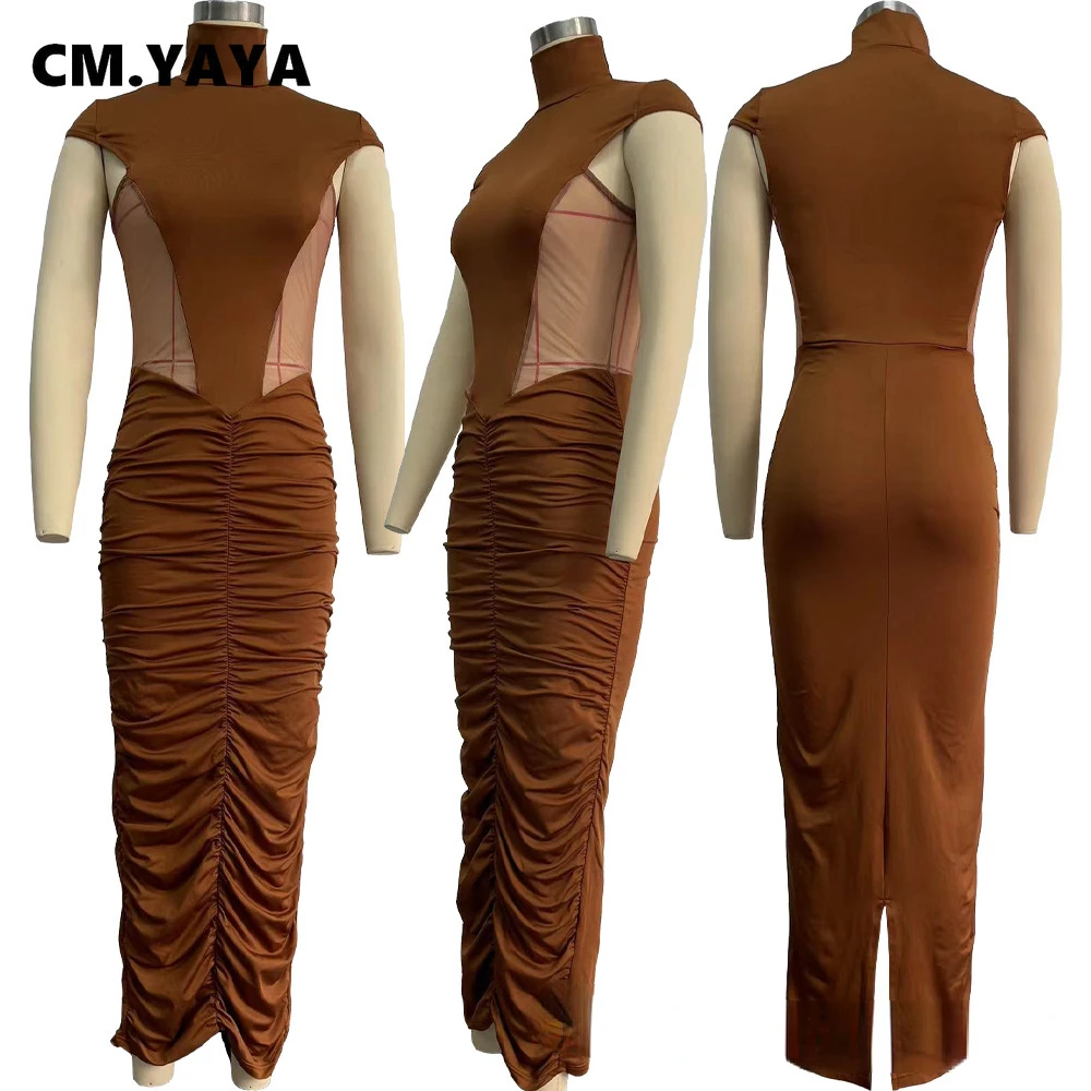 CM.YAYA Summer Sleeveless O-Neck Ruched Mesh See Through Long Maxi Dress Sexy Street Women Lady Club Party Night Vestido Dresses