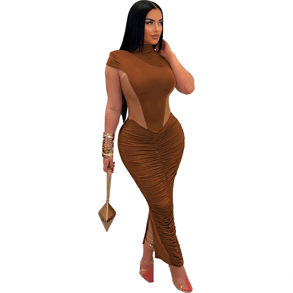 CM.YAYA Summer Sleeveless O-Neck Ruched Mesh See Through Long Maxi Dress Sexy Street Women Lady Club Party Night Vestido Dresses