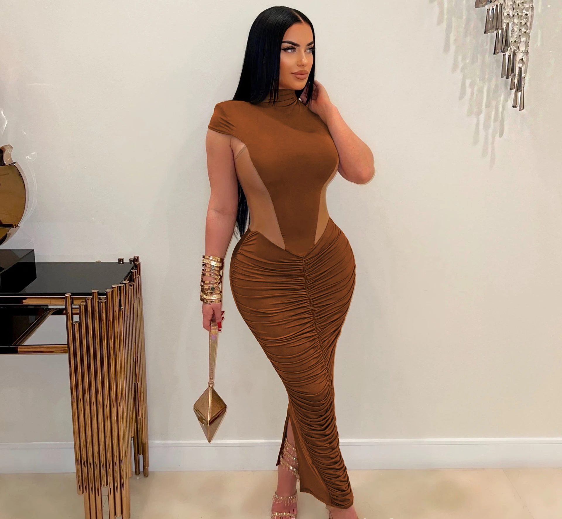 CM.YAYA Summer Sleeveless O-Neck Ruched Mesh See Through Long Maxi Dress Sexy Street Women Lady Club Party Night Vestido Dresses