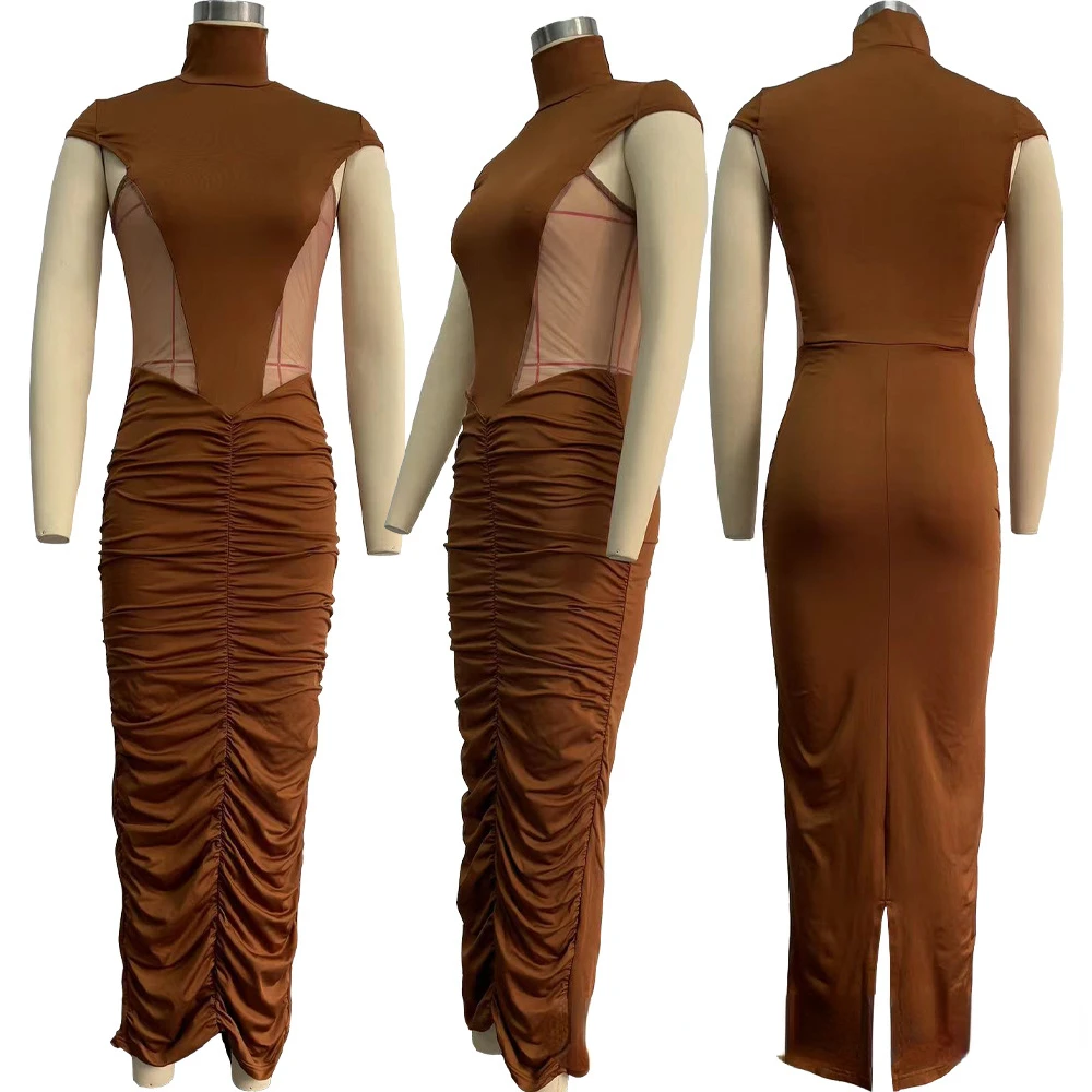 CM.YAYA Summer Sleeveless O-Neck Ruched Mesh See Through Long Maxi Dress Sexy Street Women Lady Club Party Night Vestido Dresses