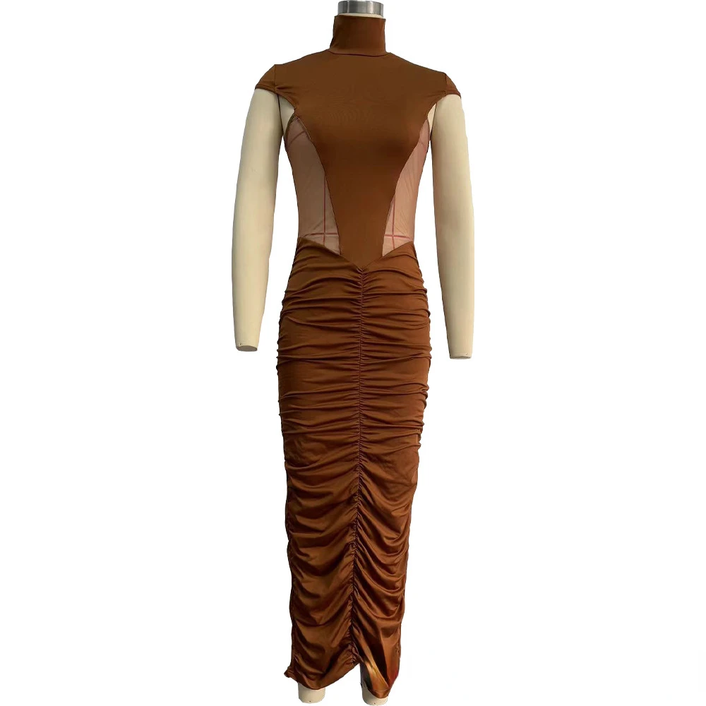 CM.YAYA Summer Sleeveless O-Neck Ruched Mesh See Through Long Maxi Dress Sexy Street Women Lady Club Party Night Vestido Dresses