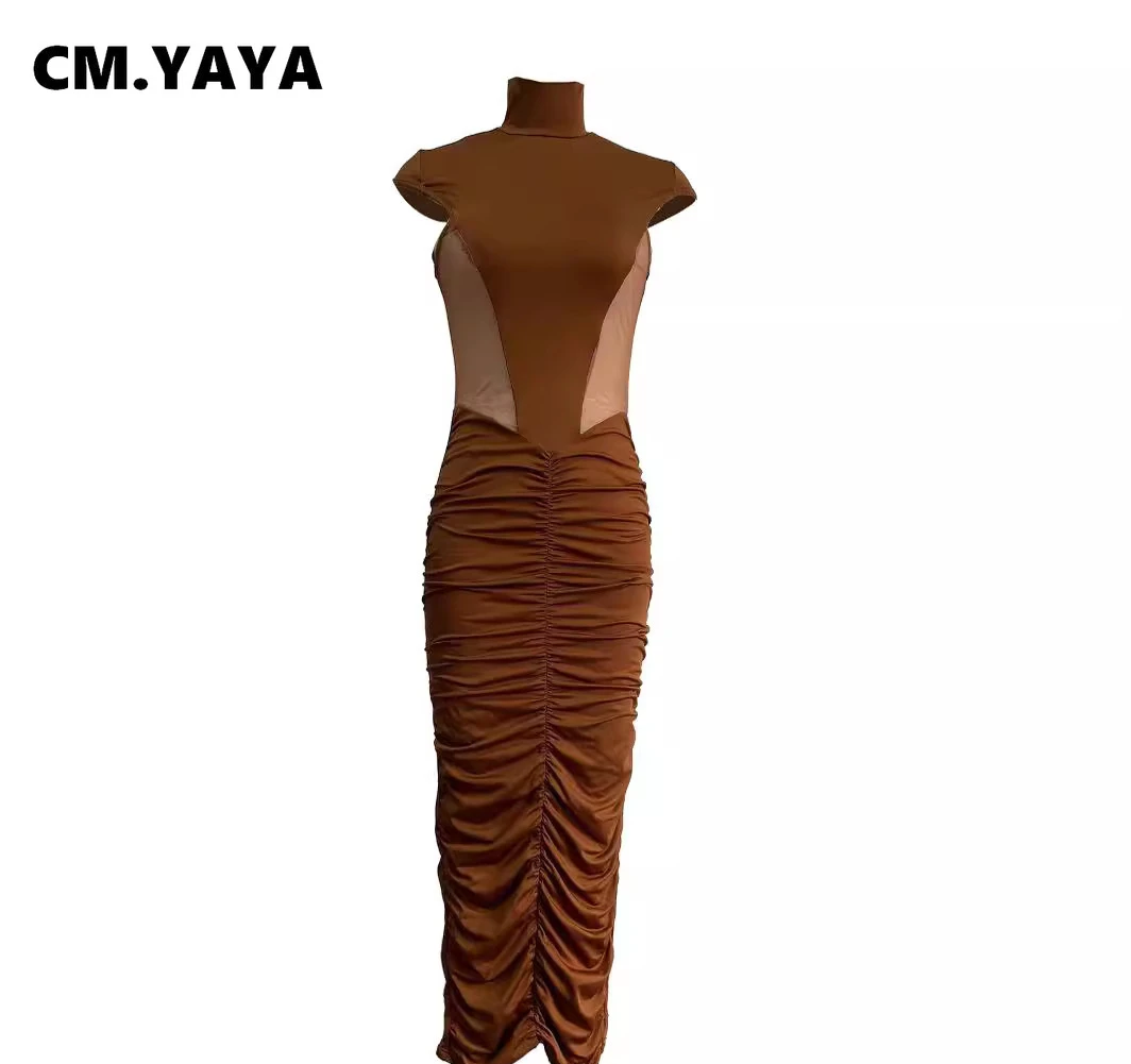 CM.YAYA Summer Sleeveless O-Neck Ruched Mesh See Through Long Maxi Dress Sexy Street Women Lady Club Party Night Vestido Dresses