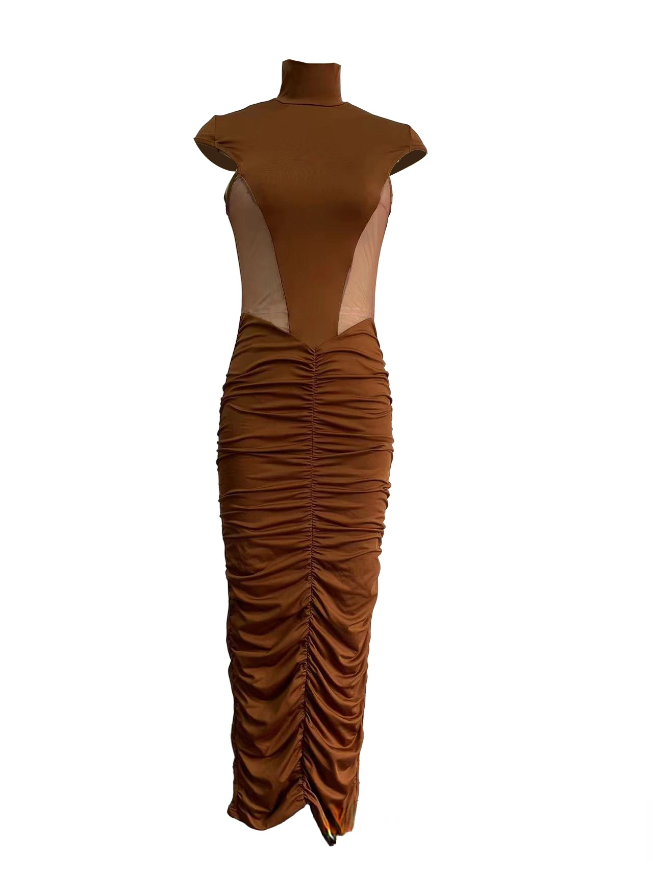 CM.YAYA Summer Sleeveless O-Neck Ruched Mesh See Through Long Maxi Dress Sexy Street Women Lady Club Party Night Vestido Dresses