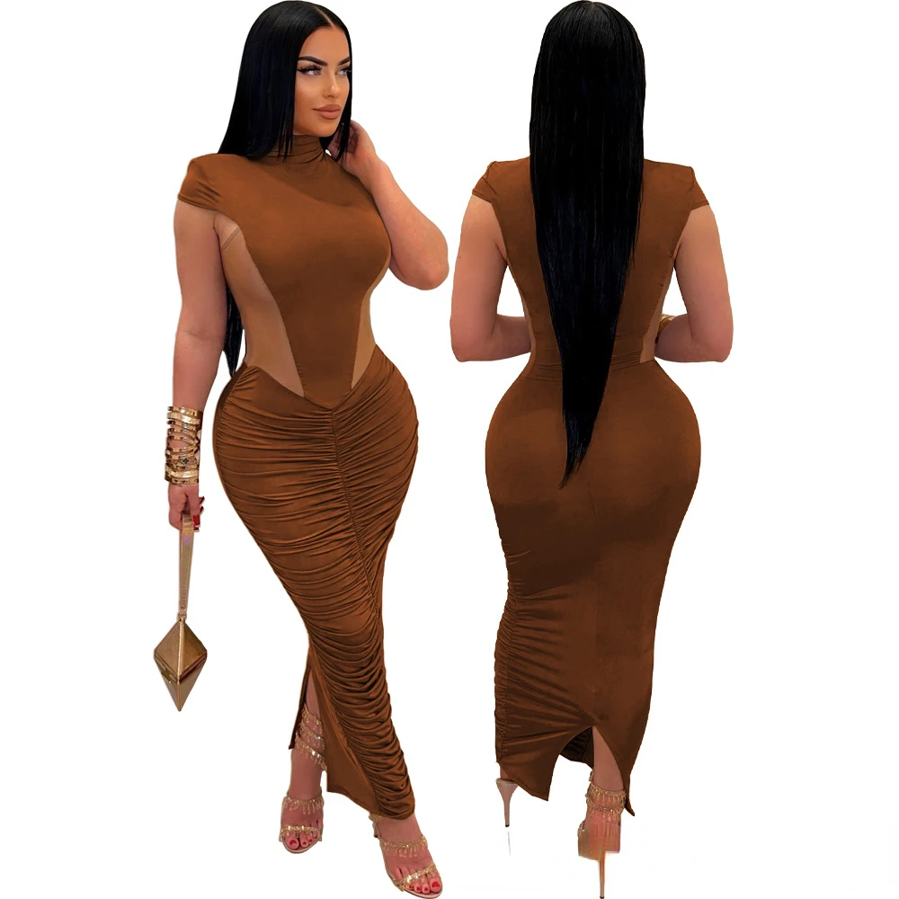 CM.YAYA Summer Sleeveless O-Neck Ruched Mesh See Through Long Maxi Dress Sexy Street Women Lady Club Party Night Vestido Dresses