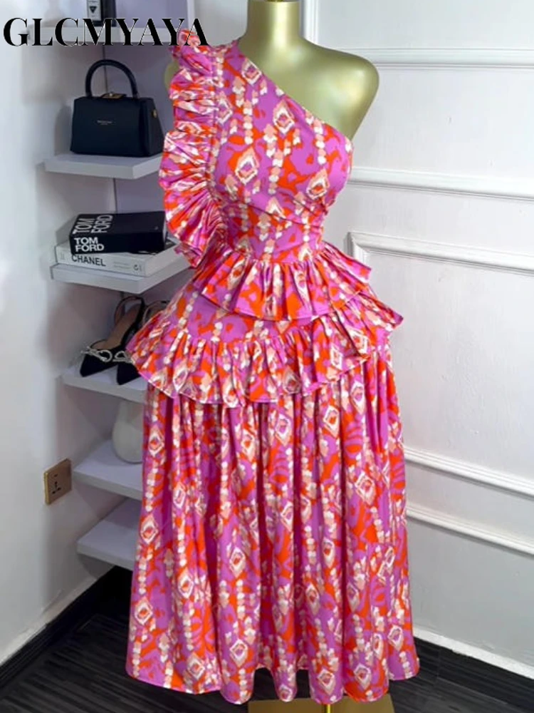 CM.YAYA Women Sleeveless One Shoulder Skew Collar Ruffles Midi Maxi Long Dress Sexy Street Birthday Party Evening Trendy Dresses