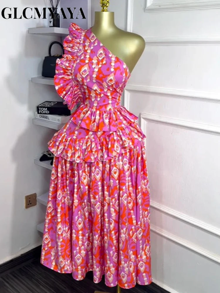 CM.YAYA Women Sleeveless One Shoulder Skew Collar Ruffles Midi Maxi Long Dress Sexy Street Birthday Party Evening Trendy Dresses