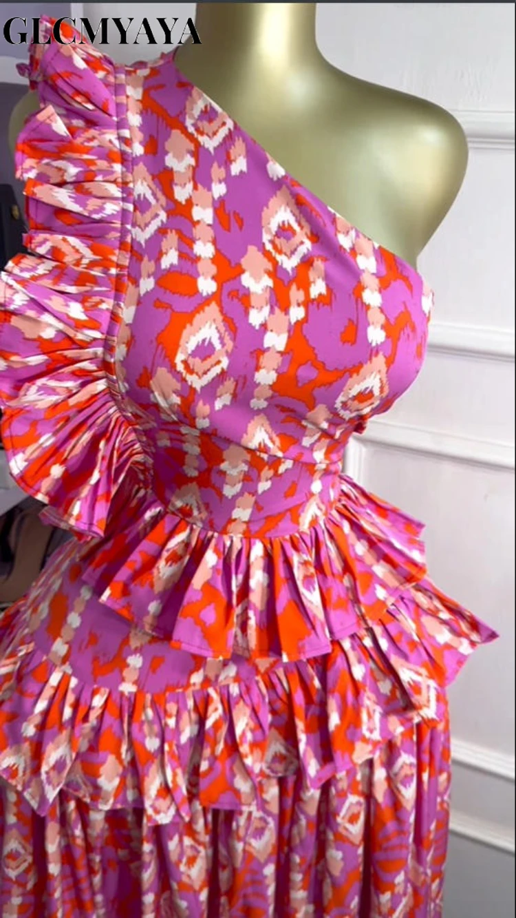 CM.YAYA Women Sleeveless One Shoulder Skew Collar Ruffles Midi Maxi Long Dress Sexy Street Birthday Party Evening Trendy Dresses