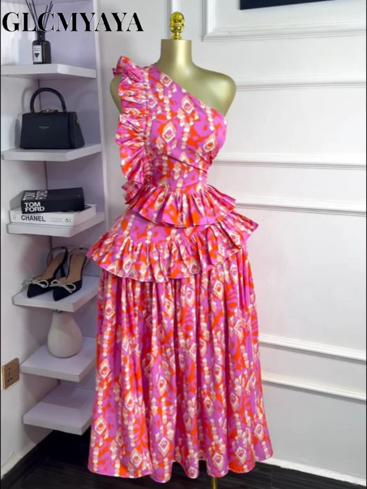 CM.YAYA Women Sleeveless One Shoulder Skew Collar Ruffles Midi Maxi Long Dress Sexy Street Birthday Party Evening Trendy Dresses