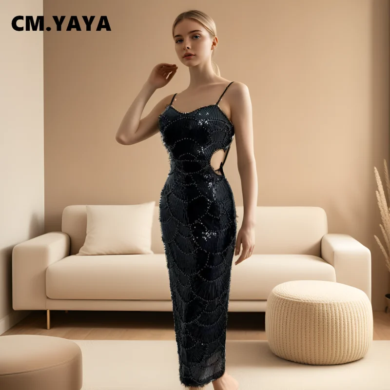 CM.YAYA 2025 Summer Women Sequins Beading Strap Sleeveless Bodycon Maxi Long Dress Sexy Night Evening Birthday Party Dresses