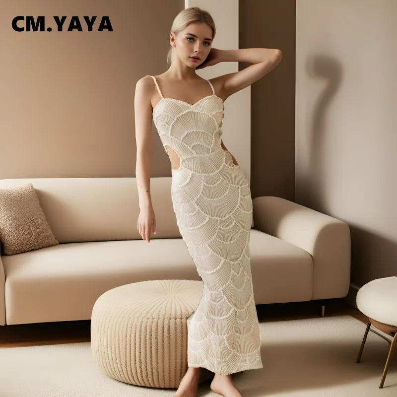 CM.YAYA 2025 Summer Women Sequins Beading Strap Sleeveless Bodycon Maxi Long Dress Sexy Night Evening Birthday Party Dresses