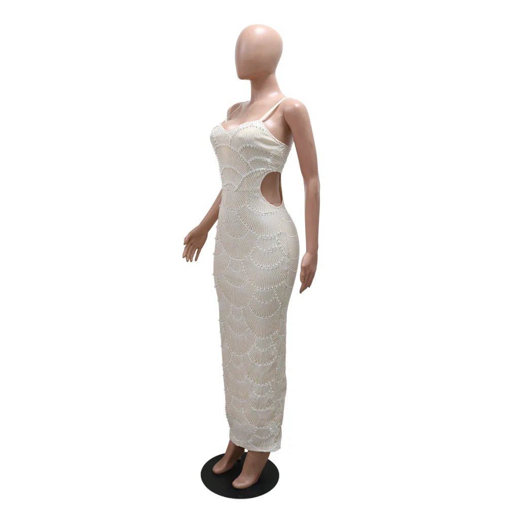 CM.YAYA 2025 Summer Women Sequins Beading Strap Sleeveless Bodycon Maxi Long Dress Sexy Night Evening Birthday Party Dresses