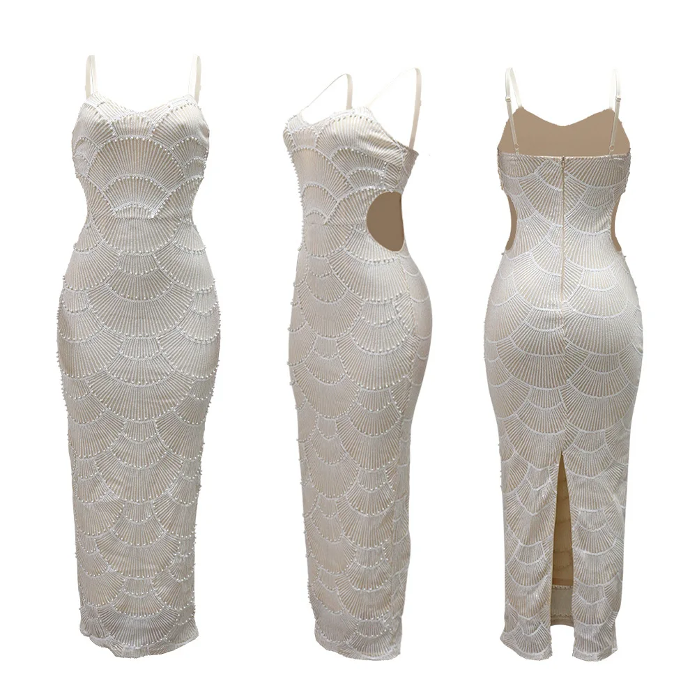 CM.YAYA 2025 Summer Women Sequins Beading Strap Sleeveless Bodycon Maxi Long Dress Sexy Night Evening Birthday Party Dresses