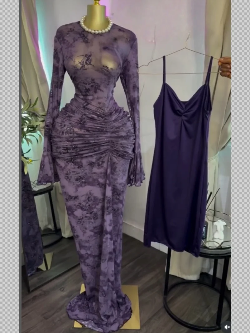 GLCMYAYA Women Mesh Stacked Ruched Long Sleeve Bodycon Midi Maxi Mermaid Dress 2026 Birthday Party Trendy Long Dresses Vestidos