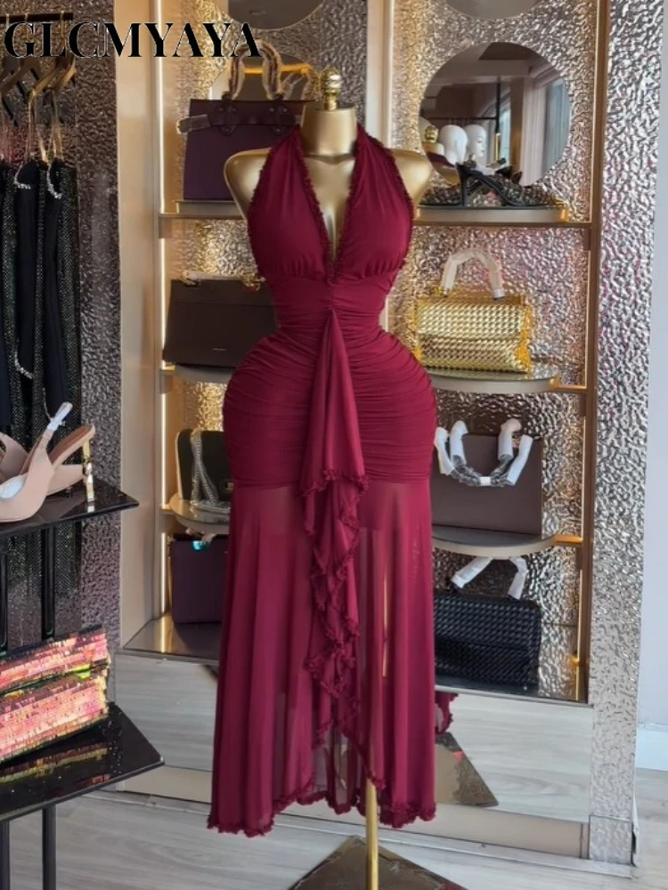 GLCMYAYA Women Halter Deep V-neck Backless Stacked Ruched Midi Ruffles Split Maxi Dress 2026 Trendy Birthday Party Long Dresses