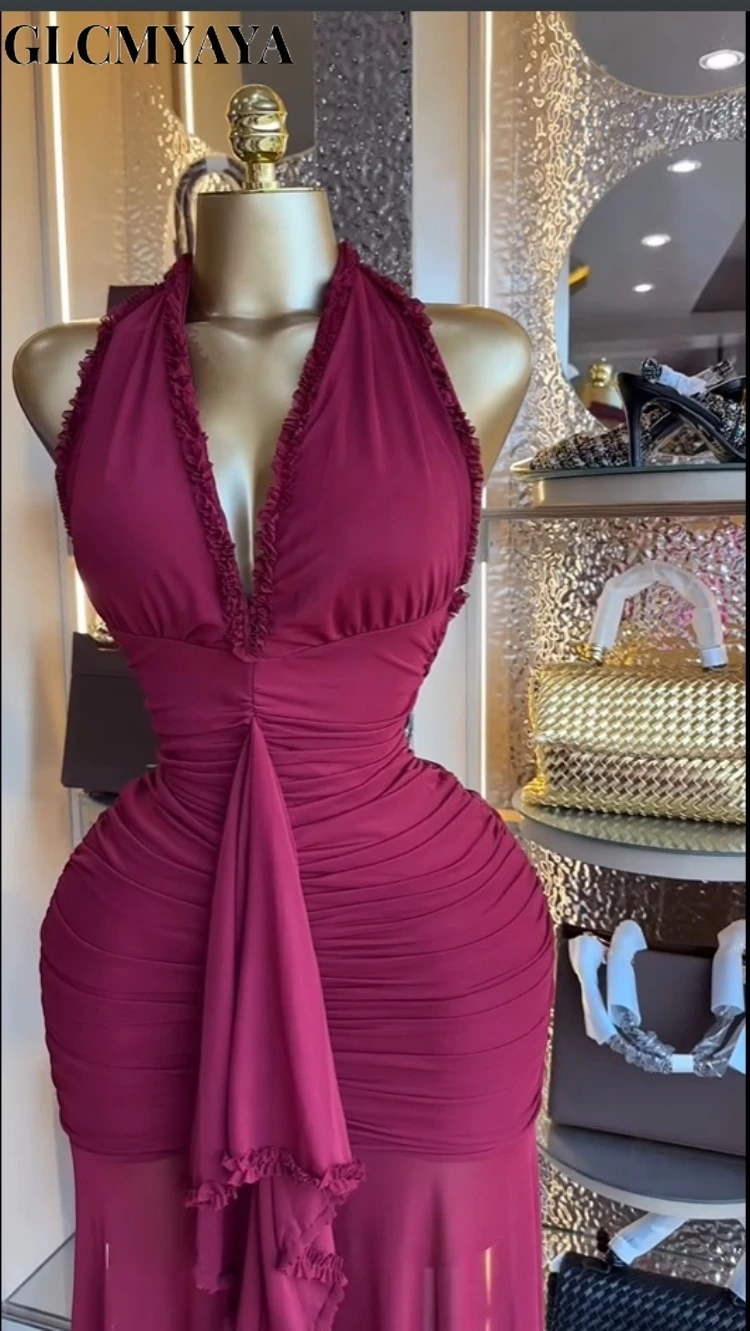 GLCMYAYA Women Halter Deep V-neck Backless Stacked Ruched Midi Ruffles Split Maxi Dress 2026 Trendy Birthday Party Long Dresses