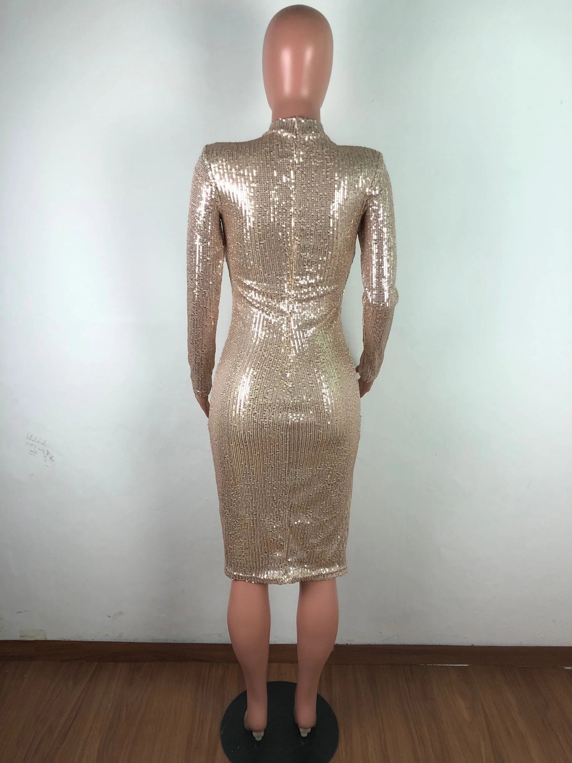 CM.YAYA Spring Winter Dress Women Sequined Sexy Full Sleeve Bodycon O-Neck Night Club Party Street Bandage Midi Pencil Dresses