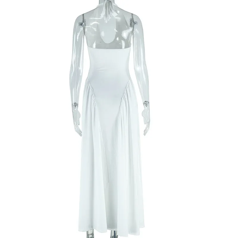 CM.YAYA Women Sleeveless V-neck Halter Pleated Big Swing Long Maxi Dress 2025 Summer Beach Evening Sexy Party Dresses Vestidos