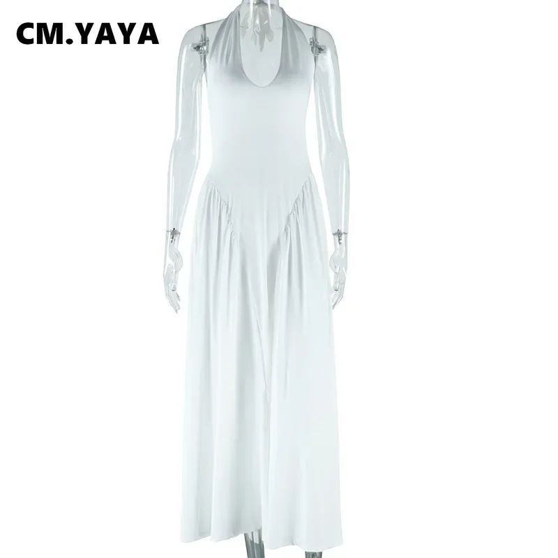 CM.YAYA Women Sleeveless V-neck Halter Pleated Big Swing Long Maxi Dress 2025 Summer Beach Evening Sexy Party Dresses Vestidos