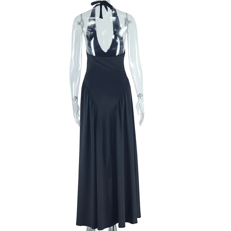 CM.YAYA Women Sleeveless V-neck Halter Pleated Big Swing Long Maxi Dress 2025 Summer Beach Evening Sexy Party Dresses Vestidos CM.YAYA Women Sleeveless V-neck Halter Pleated Big Swing Long Maxi Dress 2025 Summer Beach Evening Sexy Party Dresses Vestidos