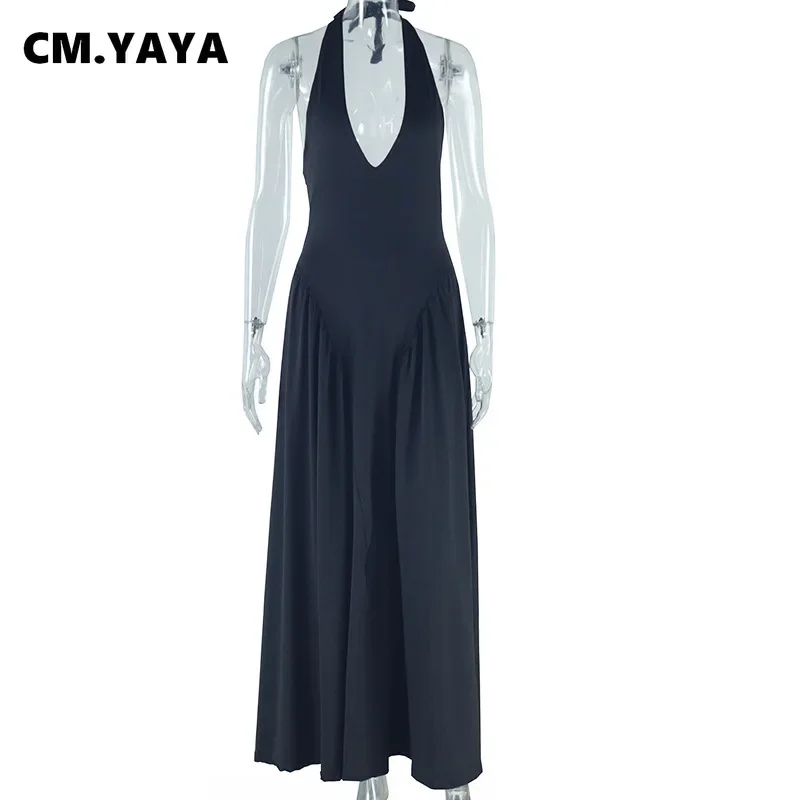 CM.YAYA Women Sleeveless V-neck Halter Pleated Big Swing Long Maxi Dress 2025 Summer Beach Evening Sexy Party Dresses Vestidos