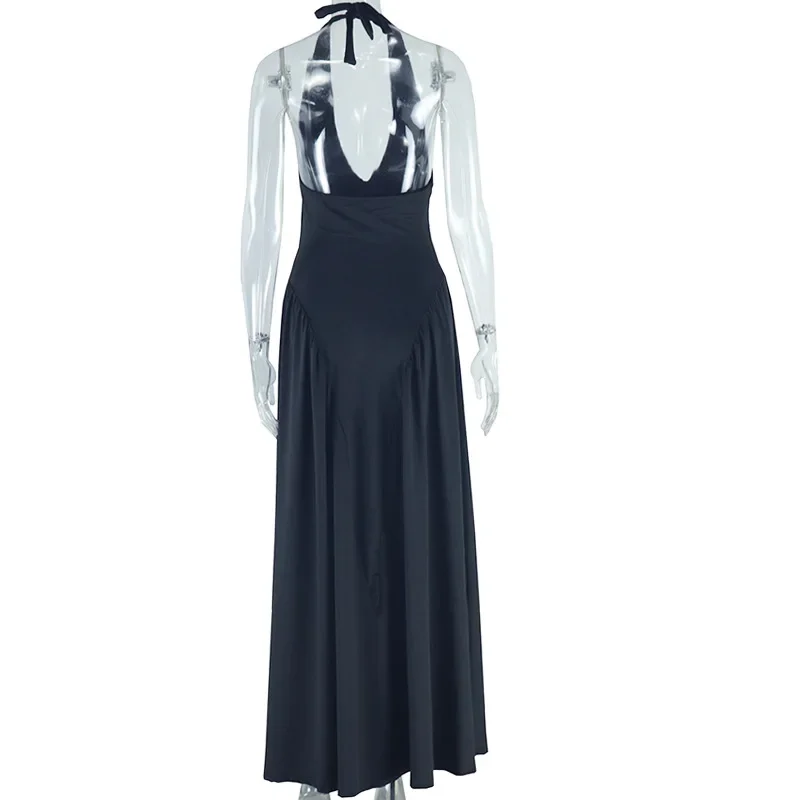 CM.YAYA Women Sleeveless V-neck Halter Pleated Big Swing Long Maxi Dress 2025 Summer Beach Evening Sexy Party Dresses Vestidos