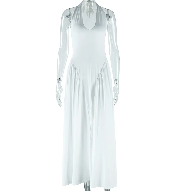 CM.YAYA Women Sleeveless V-neck Halter Pleated Big Swing Long Maxi Dress 2025 Summer Beach Evening Sexy Party Dresses Vestidos CM.YAYA Women Sleeveless V-neck Halter Pleated Big Swing Long Maxi Dress 2025 Summer Beach Evening Sexy Party Dresses Vestidos